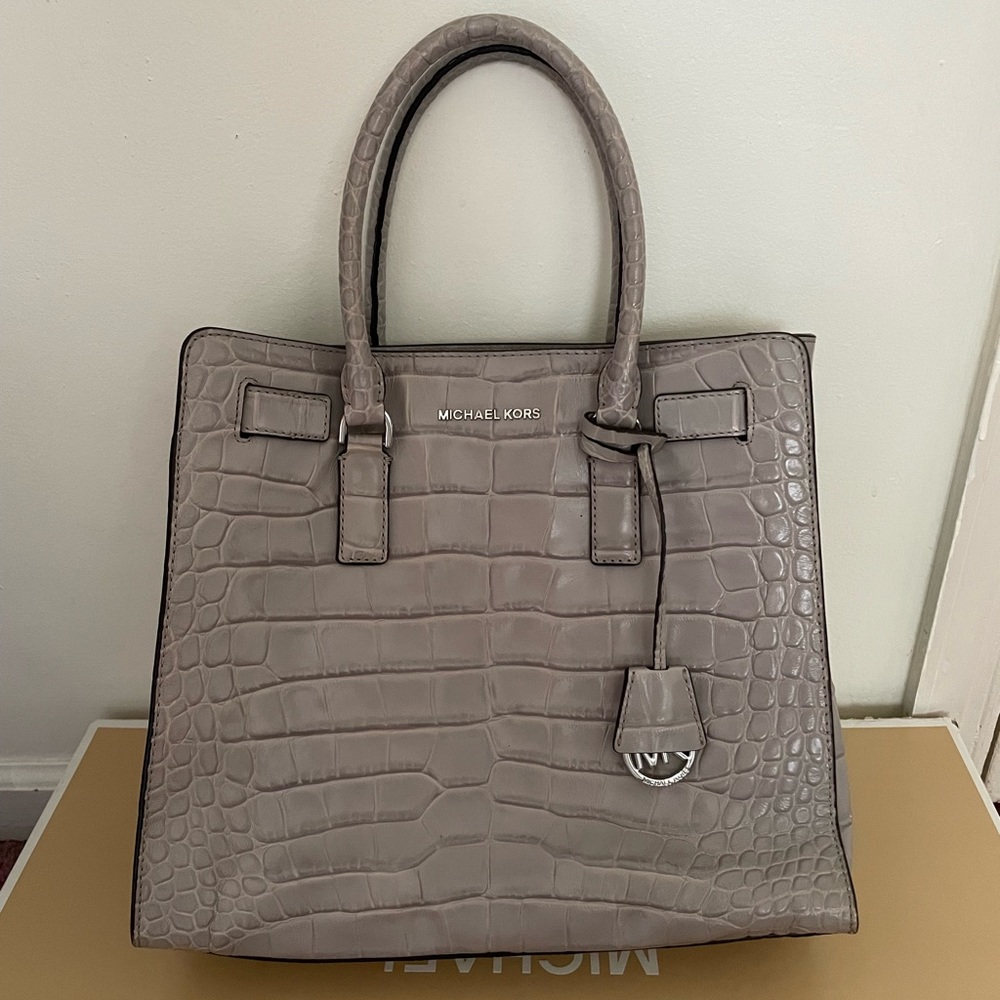 Michael Kors Dillon Crocodile Embossed Leather Satchel (Gray)